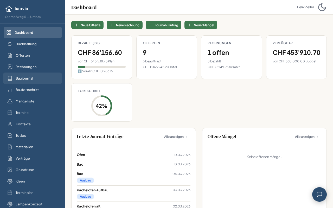 Bauvia Dashboard — Projektübersicht mit Budget, Offerten und Fortschritt